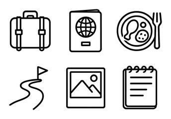 Travel icons set: suitcase, passport, meal, route, photo, notebook
