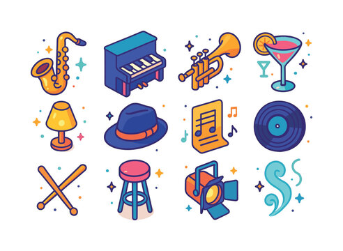 Smooth Jazz Icons. Smooth jazz mood. Colorful isometric vector i