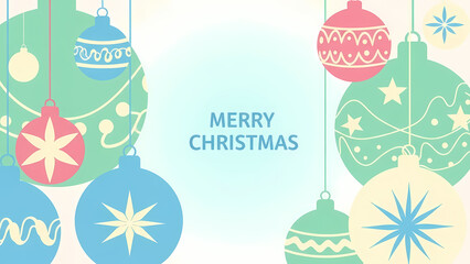 Cheerful Christmas card with unique ornaments, soft pastel tones, and simple &lsquo;Merry Christmas&rsquo; text.