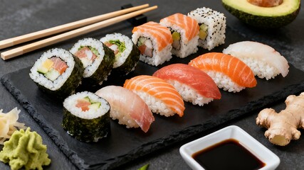 Assorted sushi platter on a slate plate with chopsticks, showcasing traditional Japanese cuisine and gourmet dining.