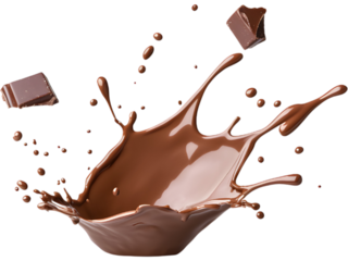 A chocolate splash mixed with flying chunks, adding texture and energy for dessert branding and indulgent visuals.