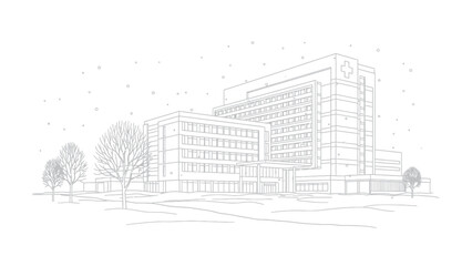 Detailed black and white line art drawing of a large modern hospital building during a gentle winter snowfall
