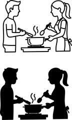 couple cooking meal in kitchen. Line art silhouette illustration.