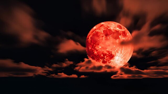 Blood Moon Rising Behind Dark Stormy Clouds, Night Sky