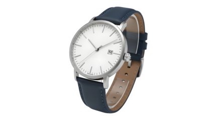 Minimalist analog wristwatch with silver casing and dark blue leather strap, isolated on transparent background