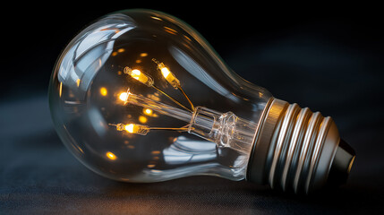 Isolated clear glass LED filament light bulb casting soft light, energy efficient, with copy space