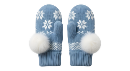 Pair of blue knitted winter mittens with white snowflake pattern and fluffy pompoms, isolated on transparent background