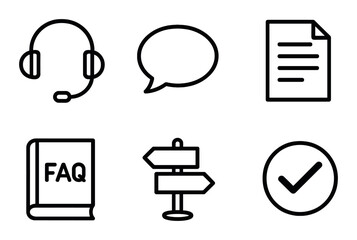 Support and communication icons: headset, speech bubble, checklist, faq, directions, checkmark