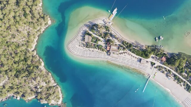 Aerial view of beach and coast in the blue mediterranean sea, Oludeniz, Fethiye, Turkey