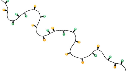 Colorful christmas string lights with green and yellow bulbs on black wire isolated on transparent background