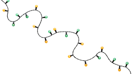 Colorful christmas string lights with green and yellow bulbs on black wire isolated on transparent background