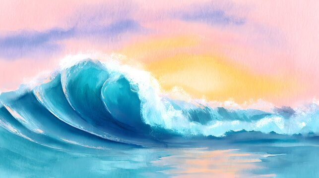 Turquoise ocean sunrise wave illustration serene pastel sky artistic reflections evoke peaceful beauty - Powered by Adobe