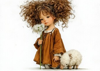 Cute little girl character in soft watercolor style with wheat field
