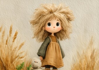 Cute little girl character in soft watercolor style with wheat field