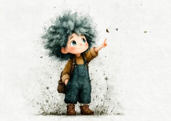 Cute little girl character in soft watercolor style with wheat field