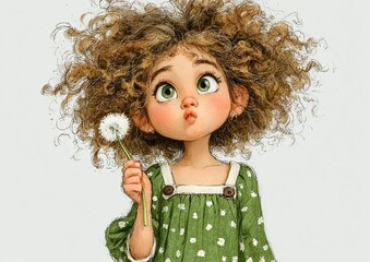 Cute little girl character in soft watercolor style with wheat field