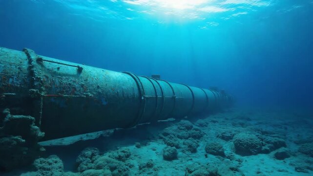 A massive underwater pipeline stretches across the ocean floor surrounded by rocks and deep blue water, symbolizing infrastructure, energy, industry, environment, and hidden networks beneath the sea.