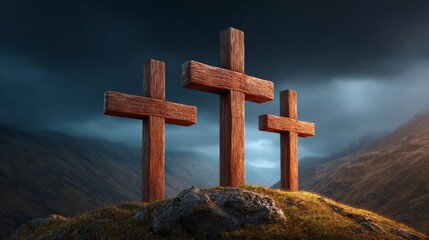 Three wooden crosses standing atop a hill against a dramatic sky, symbolizing faith and sacrifice. The scene evokes a sense of solemnity and reverence