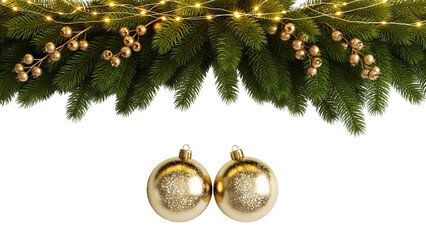 Golden christmas ornaments hanging from a festive green garland with lights on transparent background
