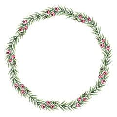 Tiny Christmas wreath of yew branches with pink berry in the circle shape. Hand painted textured watercolor. Pink and green create a soft winter mood. Good for festive frame template and card design.