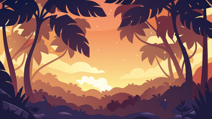 Tropical sunset in lush forest