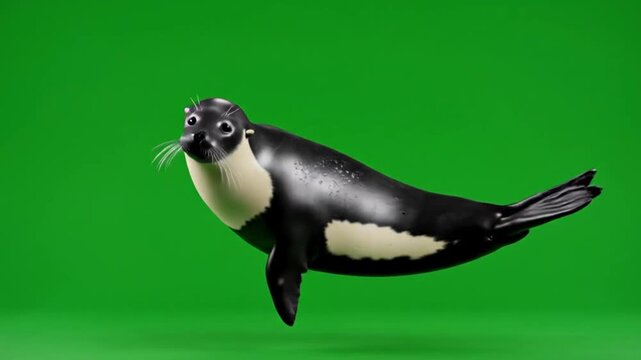 Cute harp seal pup swimming gracefully in green screen studio.