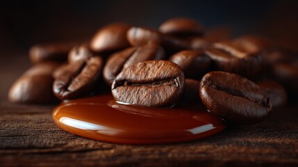 Macro shot of roasted coffee beans with a drop of liquid caramel on wooden table, capturing the essence of coffee and its rich flavors