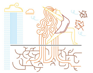 Minimal line art yoga woman with flowing hair and autumn leaves