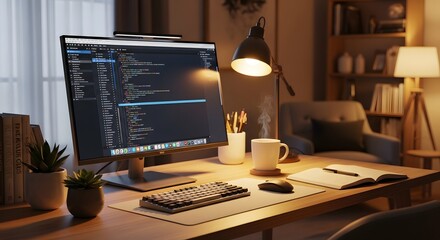 Cozy evening coding setup with illuminated monitor showing software application and warm lamp light