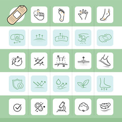 Adhesive bandage strip icon sheet. Set for package, shows user instruction, main benefits. The outline icons are well scalable and editable. EPS10.