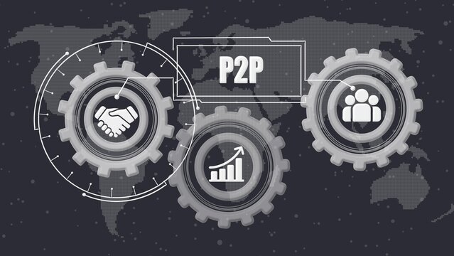 Peer to Peer P2 P Concept with Gears and Map Background Handshake Growth