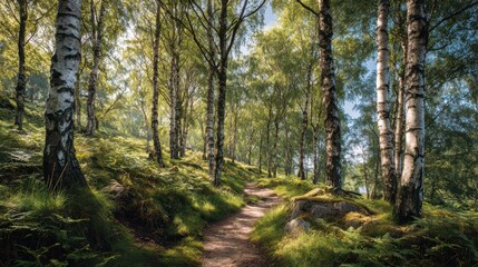 Golden light filtering through birch trees in a peaceful woodland