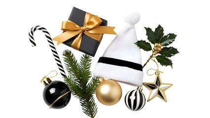 Christmas decorations with hat, gift, candy cane, and ornaments on transparent background