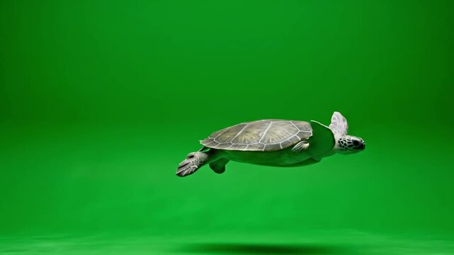 Green Sea Turtle Swimming Gracefully in a Vibrant Green Screen Studio.