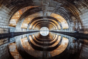 Vaulted bridge structure creates stunning mirror reflection beneath in calm water during early morning light