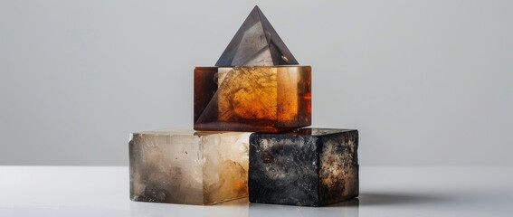 Decorative geometric shapes made from crystal and resin arranged on a minimalist surface