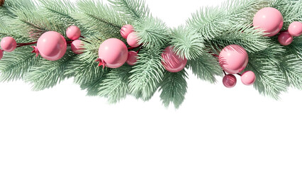 Festive pink christmas ornaments on green pine tree branches isolated on transparent background for holiday decoration