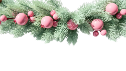 Festive pink christmas ornaments on green pine tree branches isolated on transparent background for holiday decoration