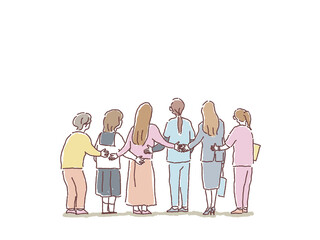支え合う女性たちの後ろ姿、（医療、介護、高齢者、若者）