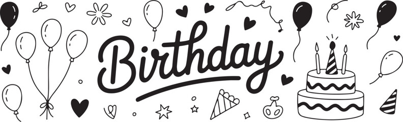 Vector line set .Birthday celebration with festive confetti, balloons, gifts, cupcakes, and a banner proclaiming "Happy Birthday".