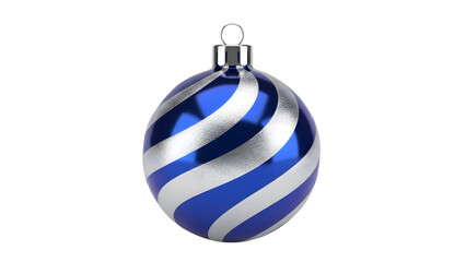 Blue and silver striped christmas tree ornament isolated on transparent background with shiny metallic finish