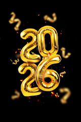 Golden 2026 balloons with confetti on a black background. Happy New Year 2026 card. Vertical shot of shiny, helium-filled numbers, 2026, rendered in a brilliant golden color. Represents calendar year