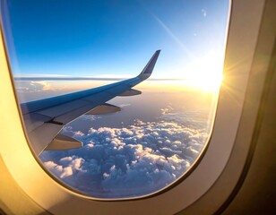 Obraz premium View from an airplane window showcasing the wing against a vibrant sunrise above a fluffy cloud layer, with a bright blue sky