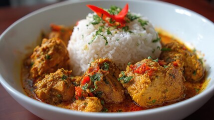 Delicious chicken curry with rice is served in a white bowl