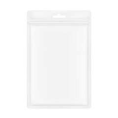 Sachet mockup with zip lock and tear notch. Hyper realistic. Vector illustration isolated on white background. Flat lay view. Packaging for cosmetic, food, pet. Ready for your design. EPS10.