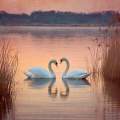 Graceful swans in love gliding on a tranquil lake at golden hour