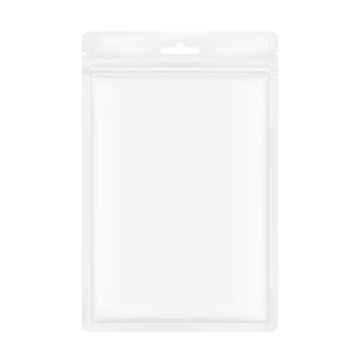 Sachet mockup with zip lock and tear notch. Hyper realistic. Vector illustration isolated on white background. Flat lay view. Packaging for cosmetic, food, pet. Ready for your design. EPS10.