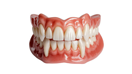 Obraz premium Dental prosthesis with white teeth and pink gums isolated on transparent background