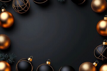 Elegant matte black and gold ornaments arranged on dark surface create festive atmosphere for holidays