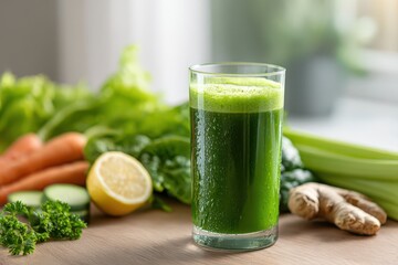 Fototapeta premium Green detox juice starring crisp produce and citrus on a bright counter